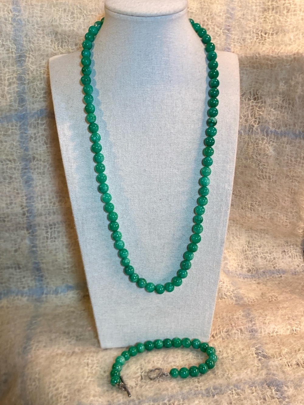 Green Aventurine Bead Necklace Bracelet Set Sterling 925 Convertible